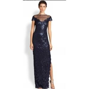 Tadashi Shoji  Navy Blue Lace Sequin Gown Formal Maxi Dress Evening Party sz 6